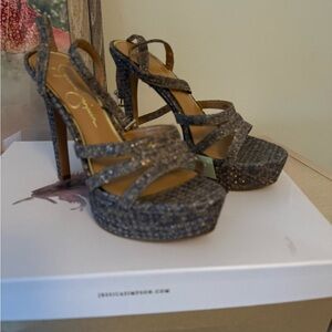 Jessica Simpson Strappy Glitter Heels - Black and Gold